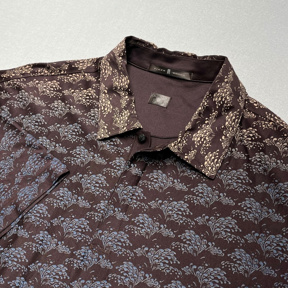 New Tiger Woods Collection Polo shirt Brown Blue Floral Print 100% Cotton‎ XL